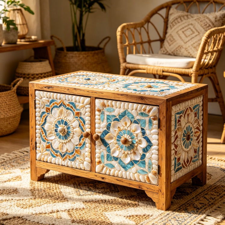 Handmade Boho Shell & Wood Combined Storage Cabinet