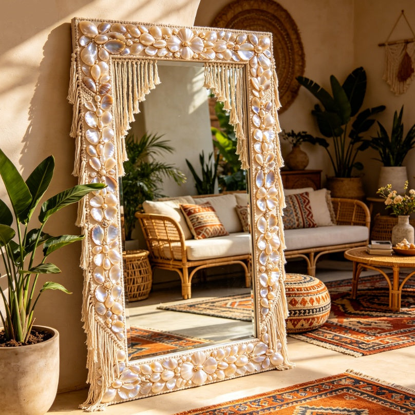 Boho Natural Shell Tassel Large Floor Decorative Mirror