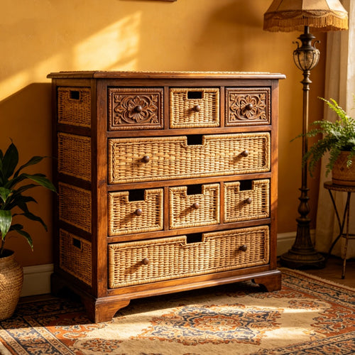 Boho Rattan Carved Solid Wood Storage Dresser – Breezeyn Living